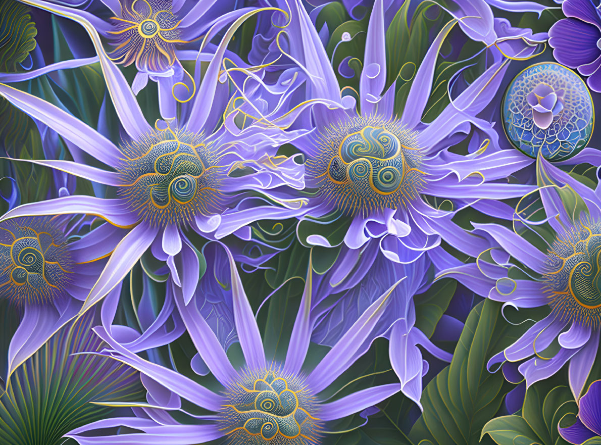 Colorful digital artwork: stylized purple and blue flowers with intricate patterns on dark background