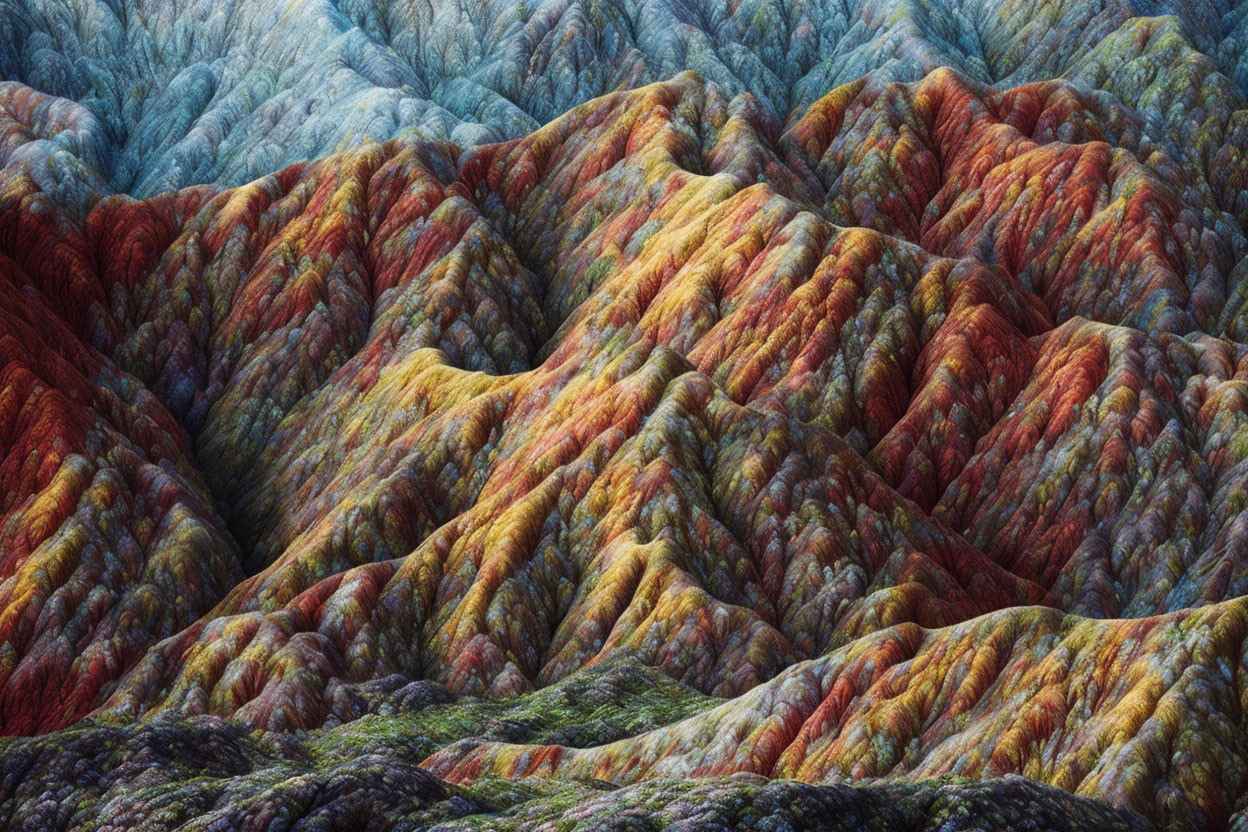 Colorful digital landscape with textured, undulating hills in blue, orange, and green.