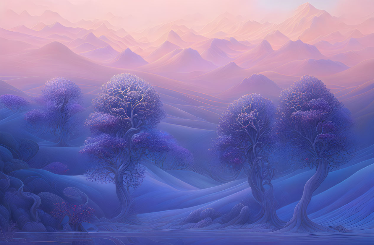 Surreal landscape with stylized trees and purple hills under gradient sky