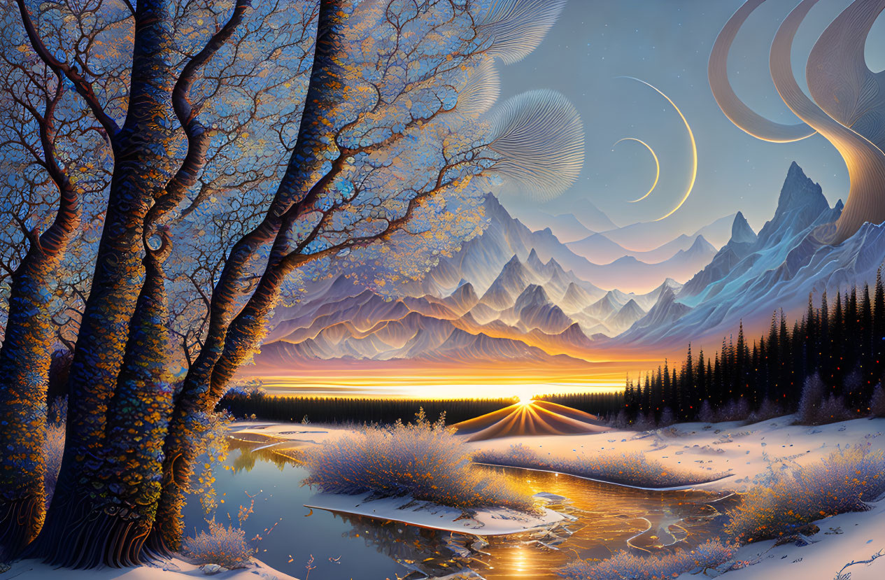 Fantasy landscape with towering trees, serene river, sunset mountains, and celestial swirls