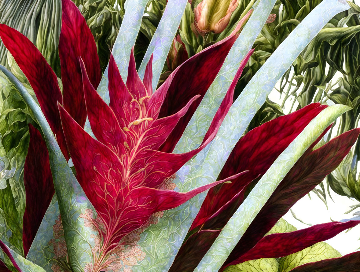 Detailed digital artwork: Red flower with intricate textures and patterns, set amidst green foliage on white background