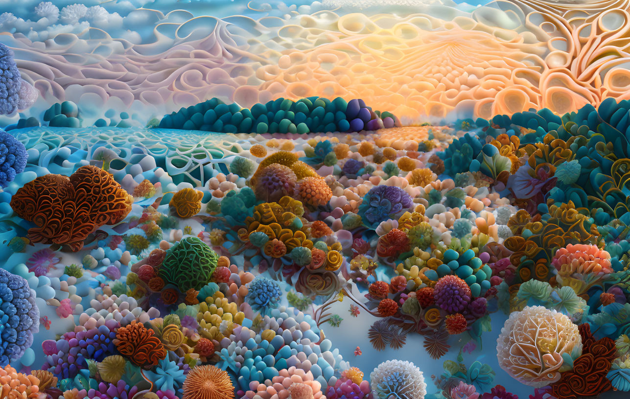 Colorful surreal landscape with stylized flora under intricate sky