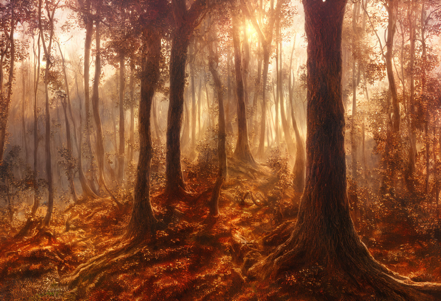 Sunlit forest with tall trees and golden-brown leaf-covered floor