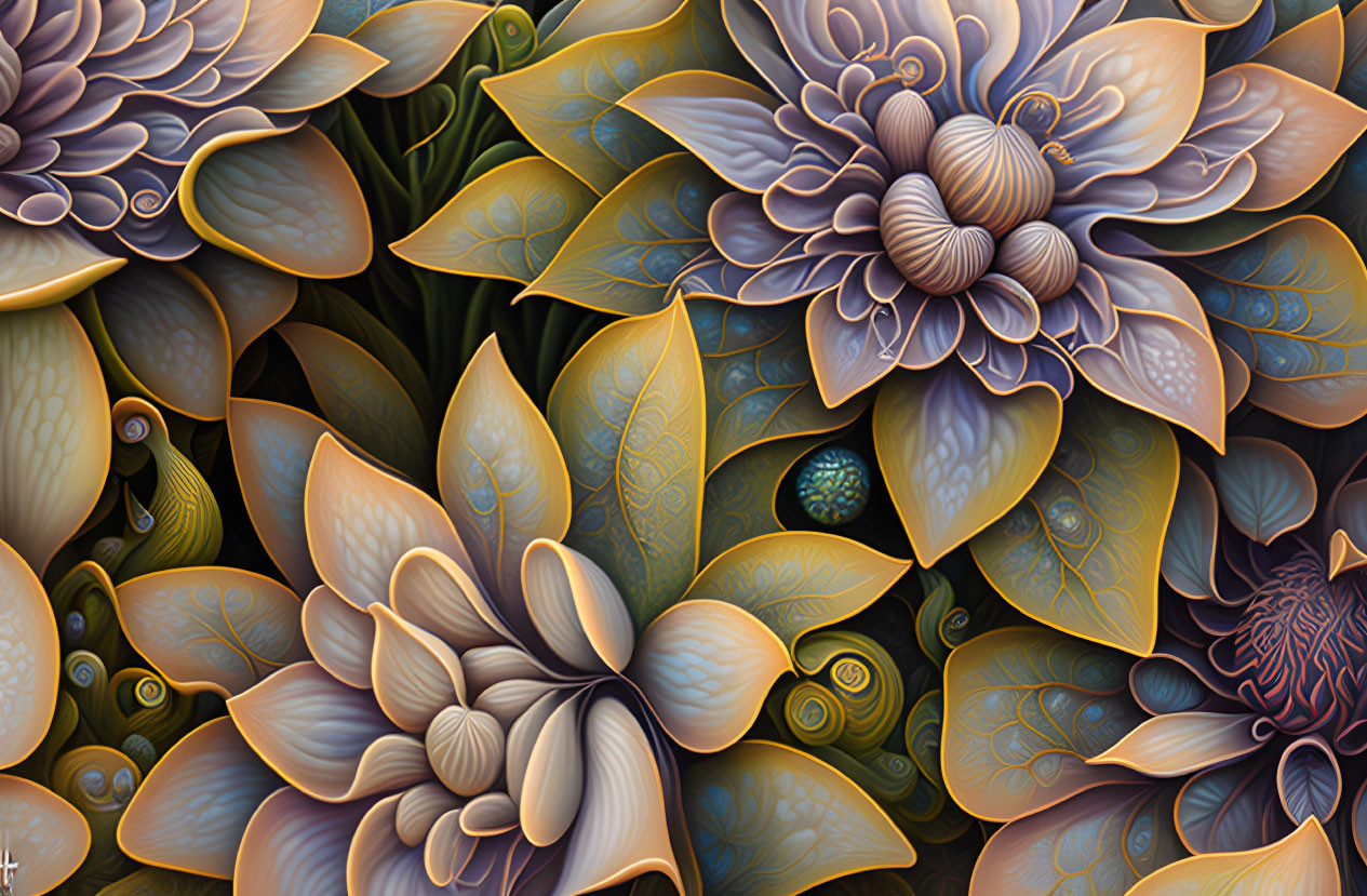 Detailed Surreal Illustration of Vibrant Purple and Gold Flowers