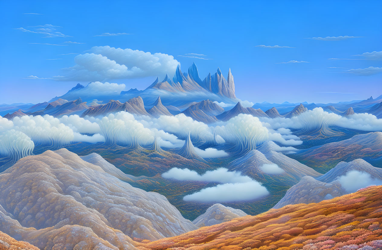 Vibrant surreal landscape with orange and green foliage, undulating hills, sharp peaks, fluffy clouds