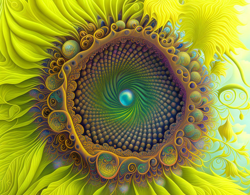 Colorful fractal design with swirling patterns in green, yellow, and blue