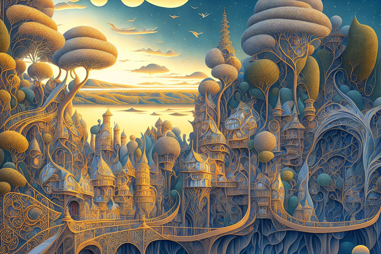 Surreal architecture blending organic and ornate structures in a fantastical landscape