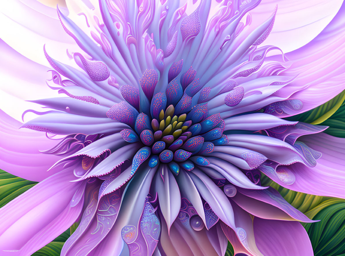 Vibrant purple and white abstract flower with intricate patterns and liquid splash