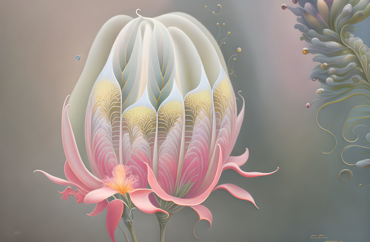 Stylized large pink-and-white flower with intricate yellow patterns surrounded by tendrils and floating particles