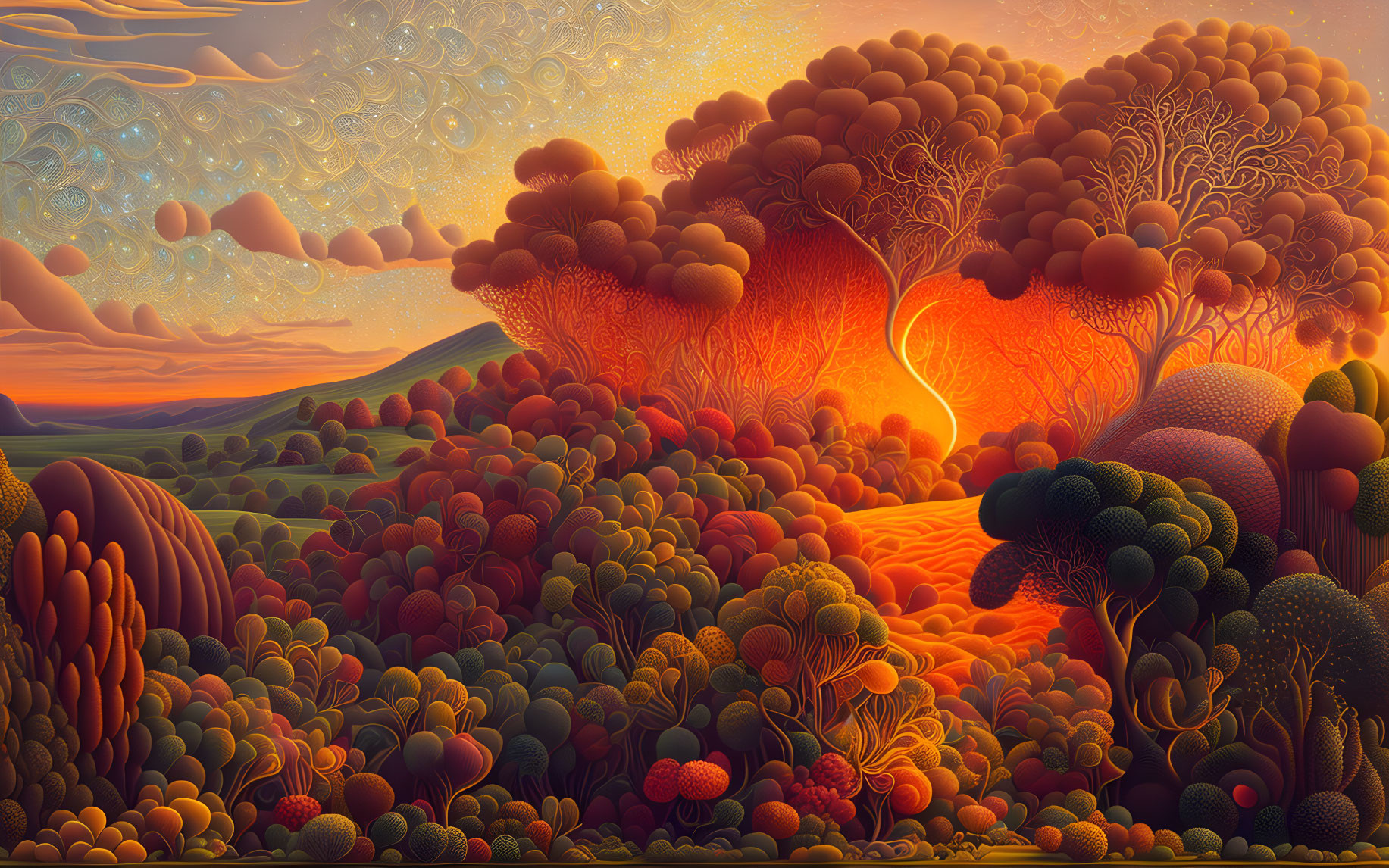 Surreal landscape with vibrant hills and stylized trees in warm tones