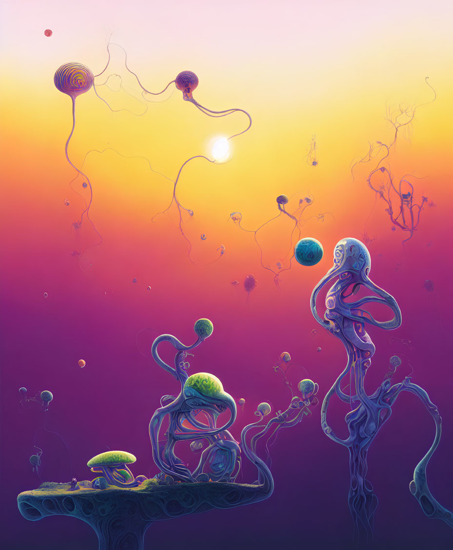 Surreal landscape with floating orbs and alien-like organisms