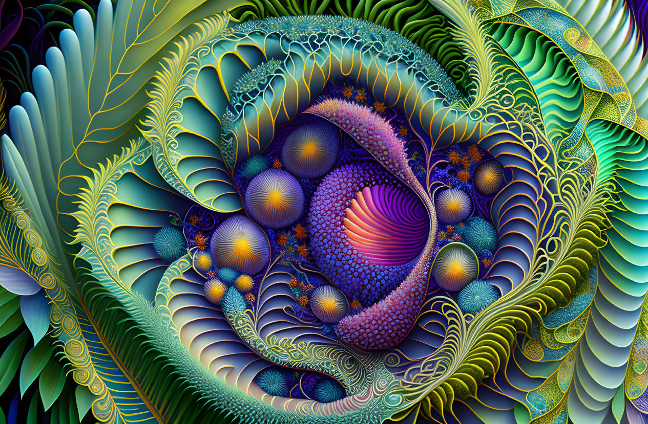 Colorful digital fractal image with intricate swirling patterns