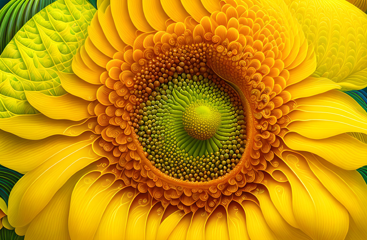 Abstract sunflower digital artwork with intricate green and yellow patterns.