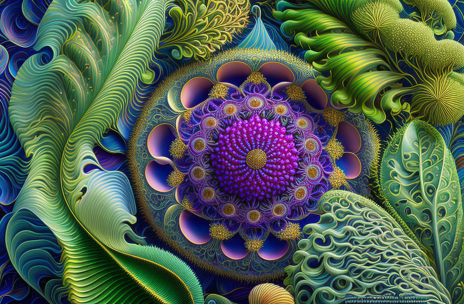 Intricate Fractal Patterns with Leaf Shapes in Blue, Green, and Purple