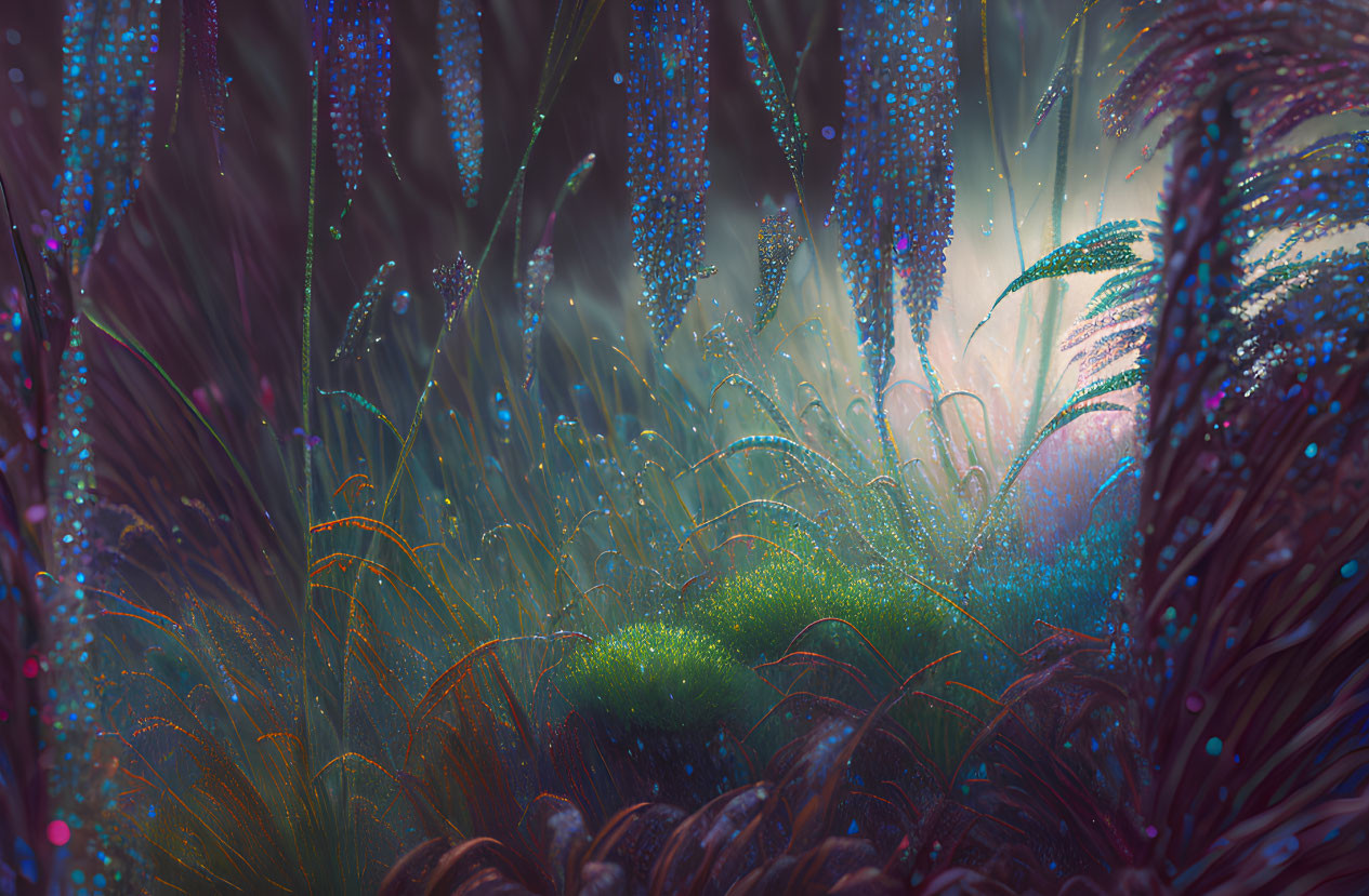 Enchanting forest scene with sparkling plants and magical colors