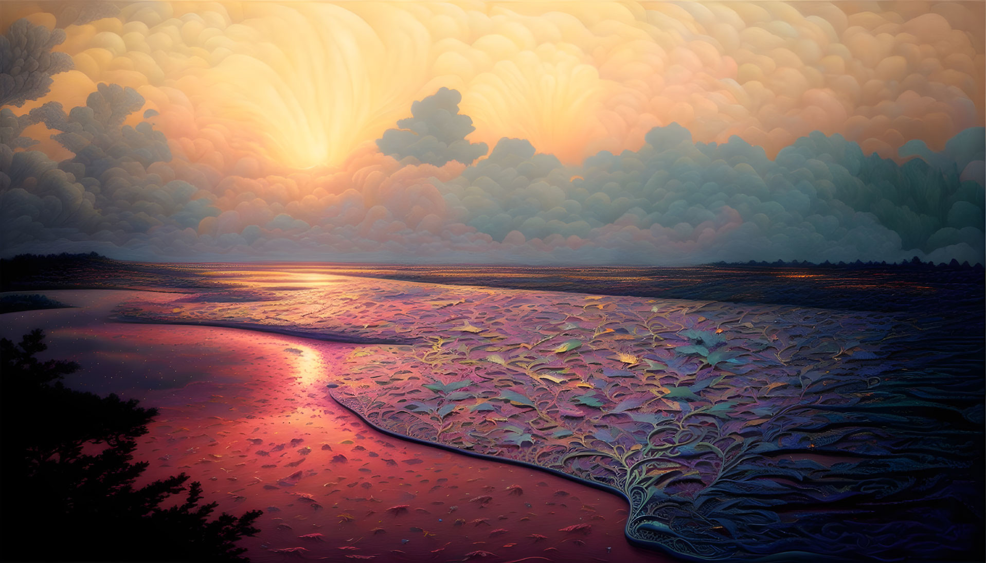 Colorful digital artwork: Sunset, magnified cloud patterns, serpentine waterbody, surreal landscape