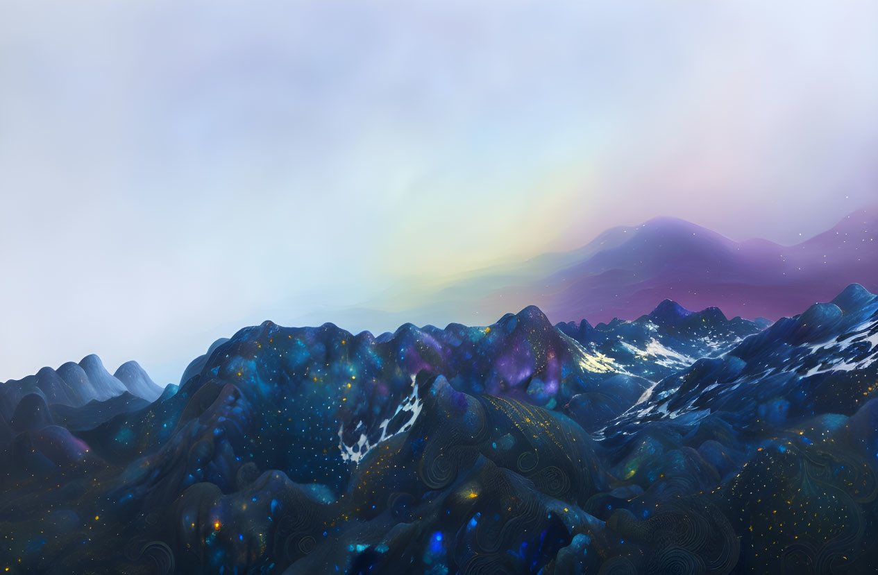 Surreal landscape with starry mountains and cosmic sky