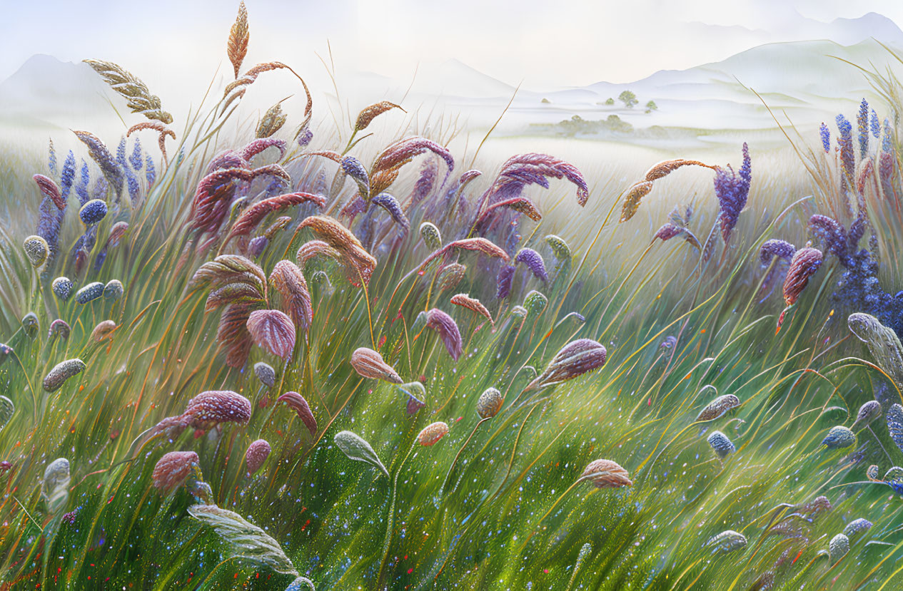 Tranquil meadow with dew-covered grasses and wildflowers overlooking misty hills