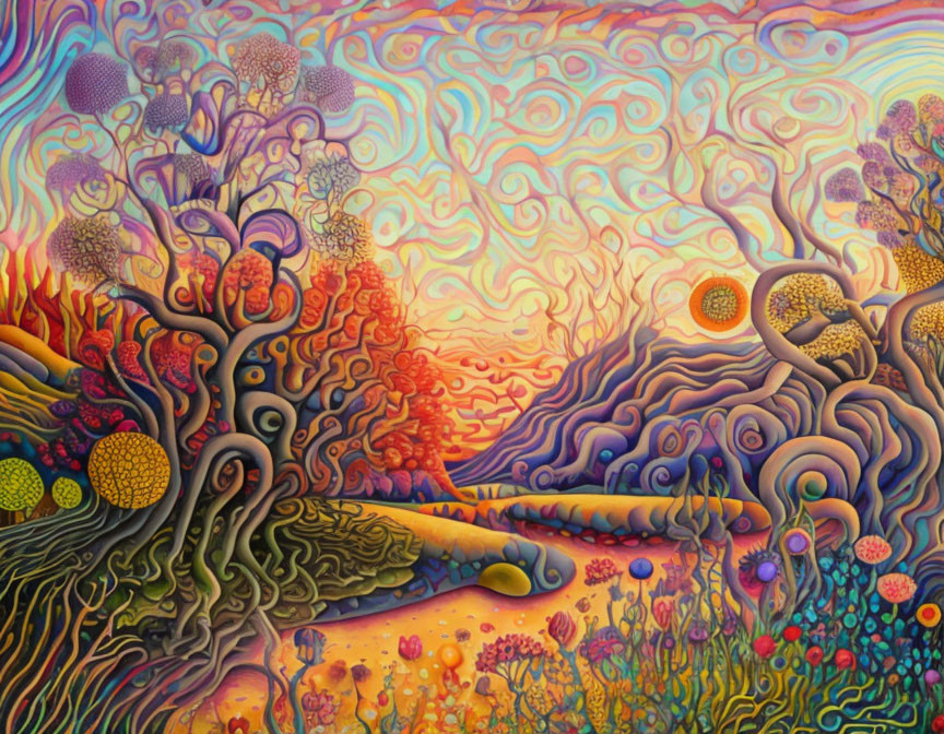 Colorful Psychedelic Landscape with Swirling Patterns and Tree-like Structures