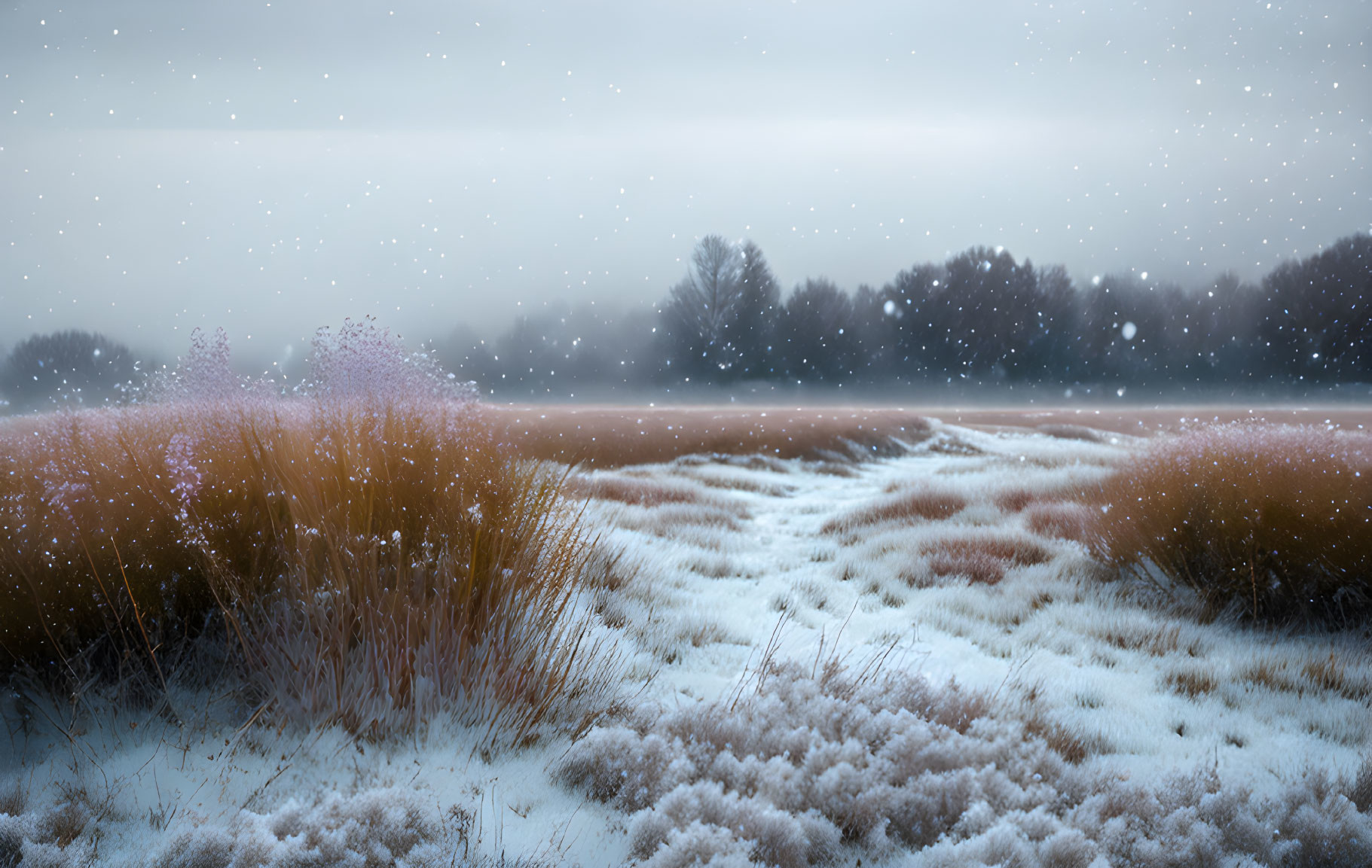 Tranquil winter landscape with frosted plants and snowy path