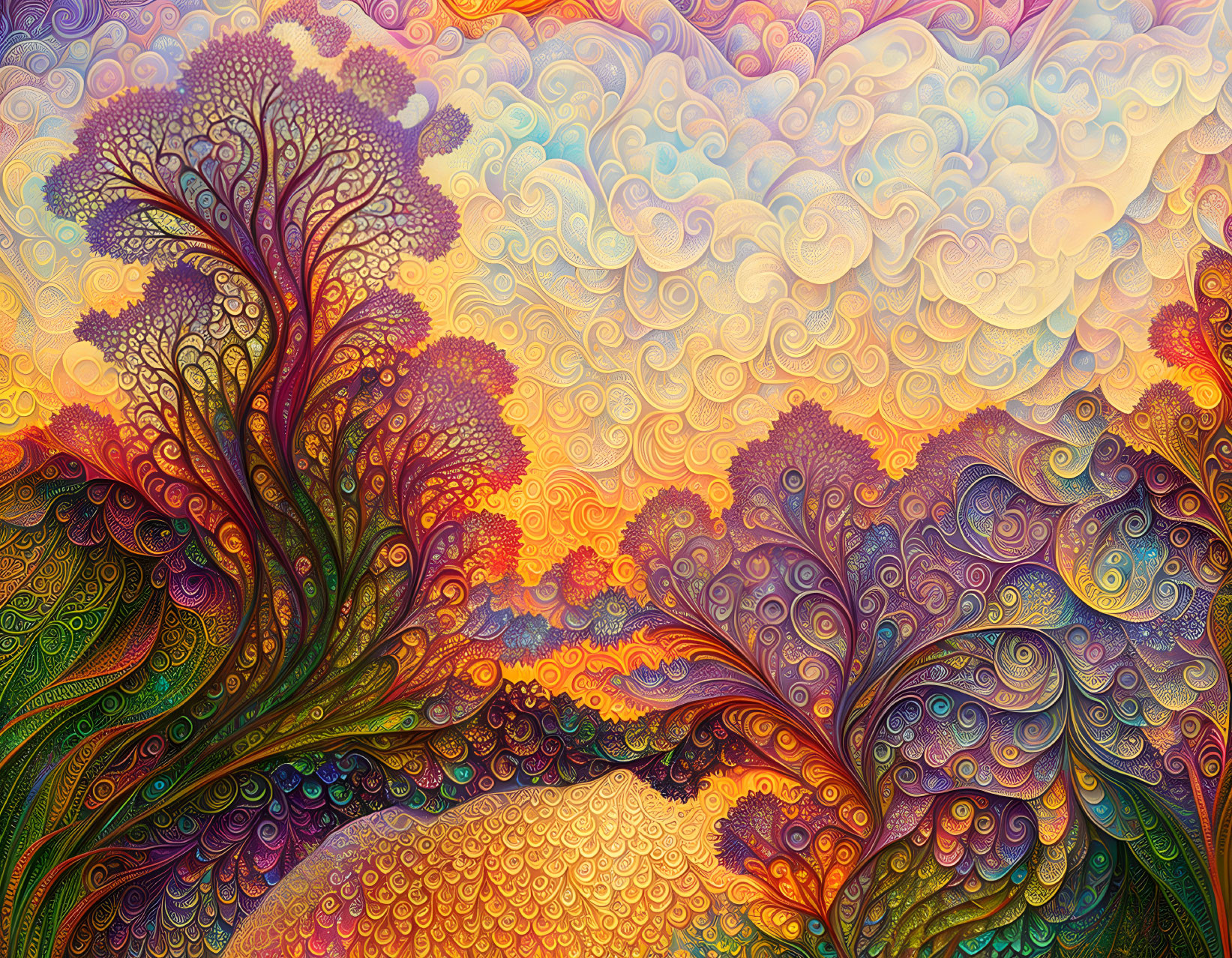 Colorful Psychedelic Illustration with Swirling Patterns and Trees