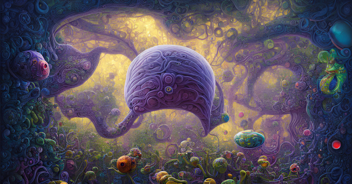 Colorful surreal landscape with brain-like creature and swirling patterns