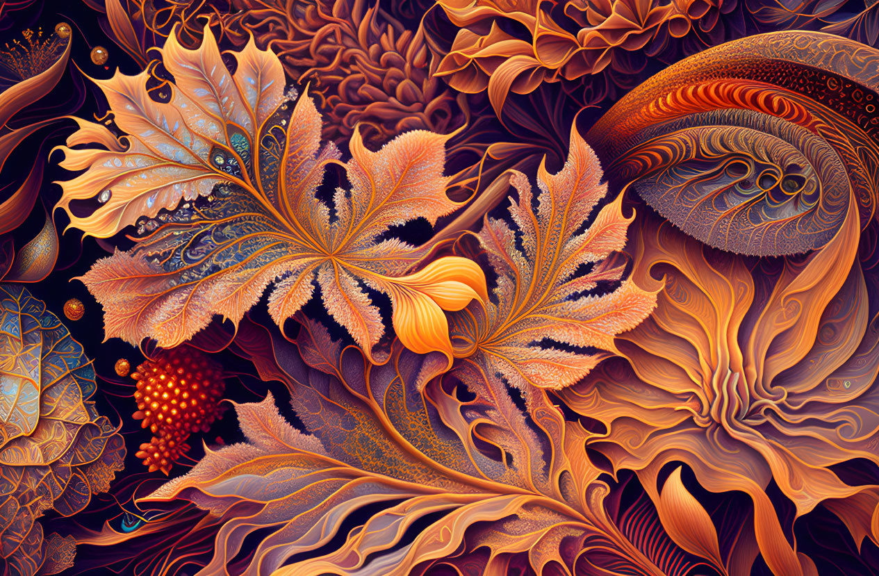 Fractal-inspired artwork: Autumn leaves, swirling patterns, intricate textures