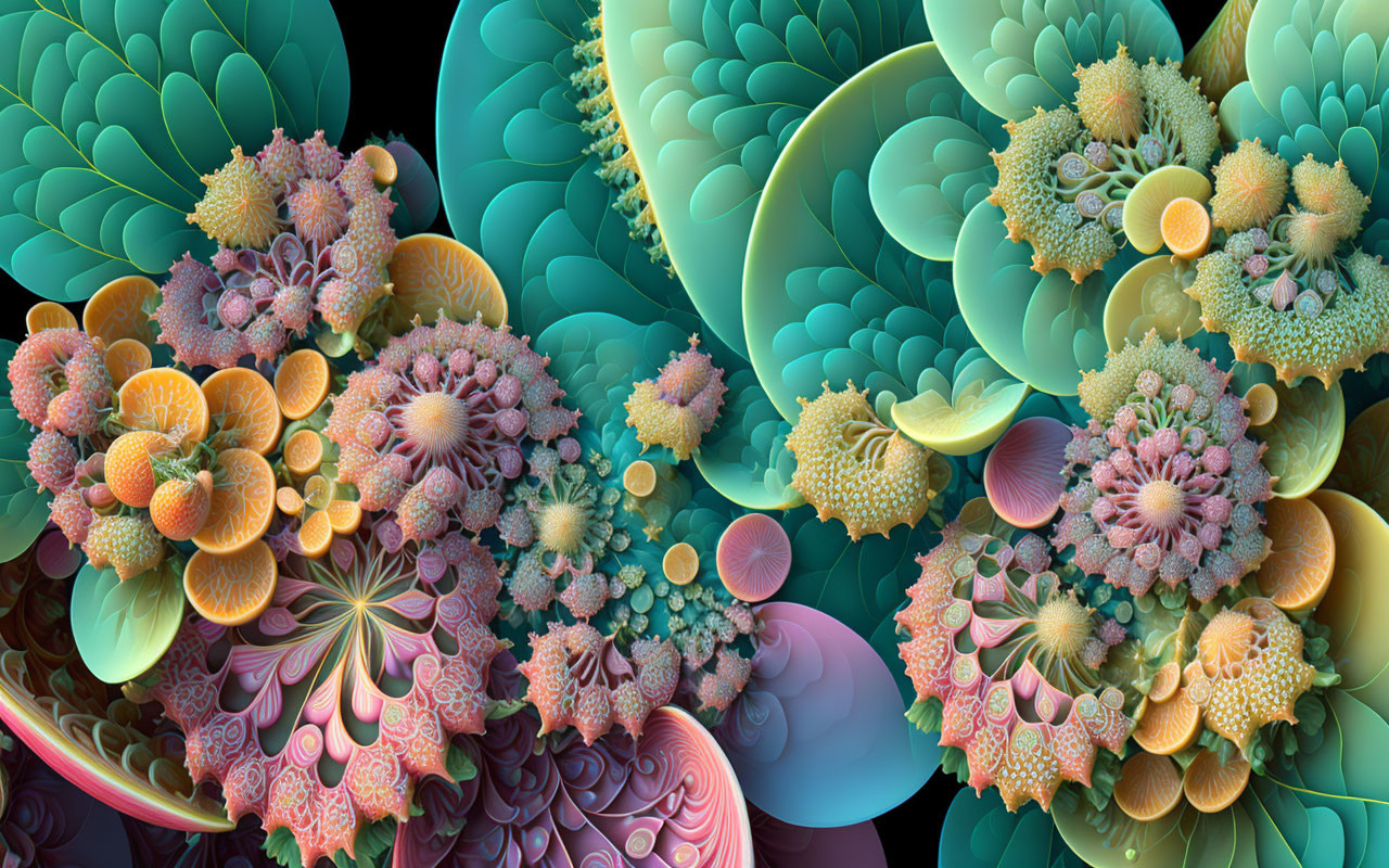 Colorful Teal, Pink, and Orange Fractal Art with Coral-Like Patterns