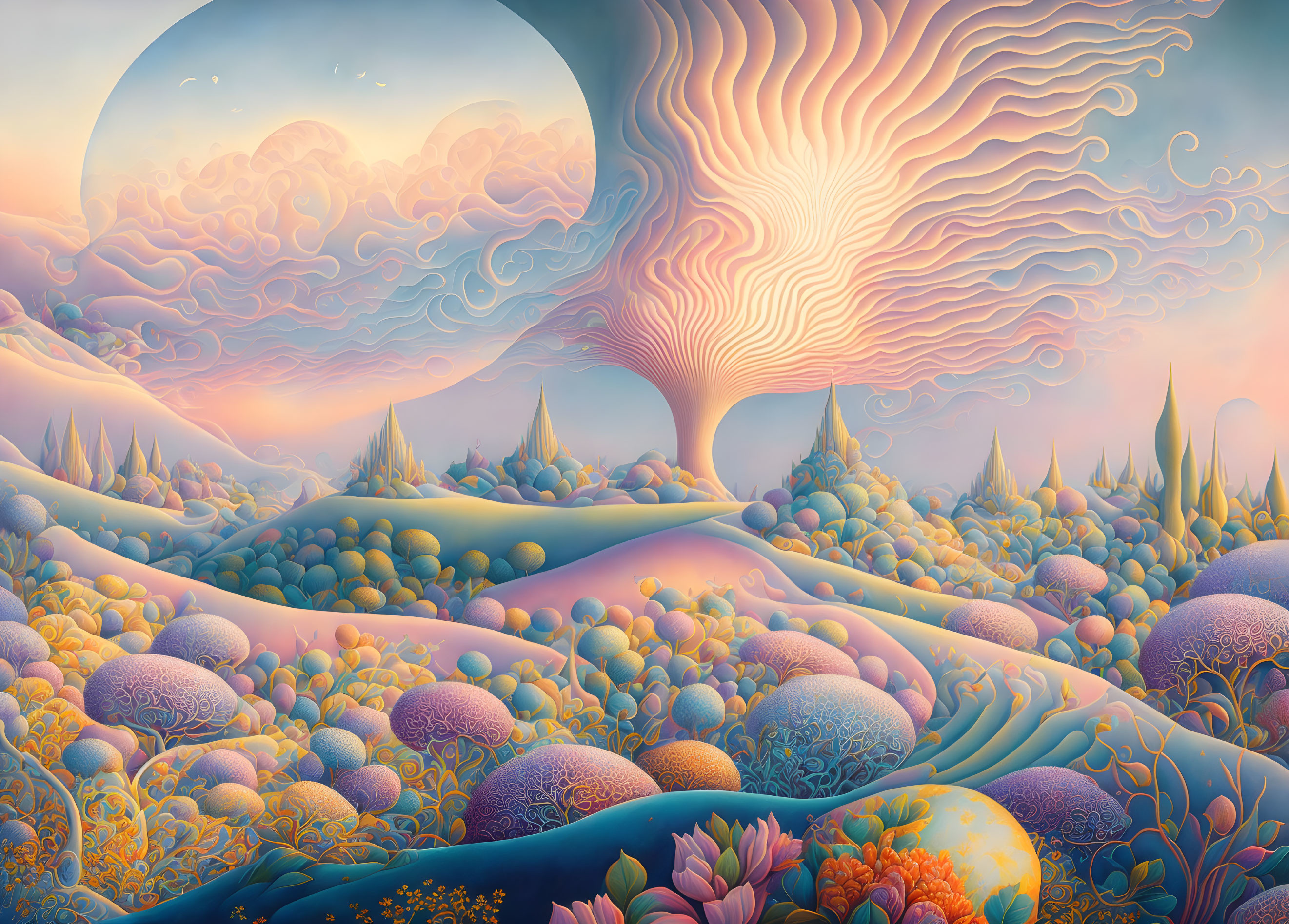 Surreal landscape with swirling tree canopy and colorful hills