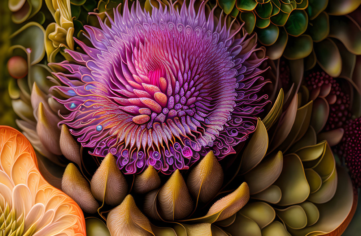 Colorful digital artwork of intricate flower structure in pink and purple hues surrounded by botanical elements