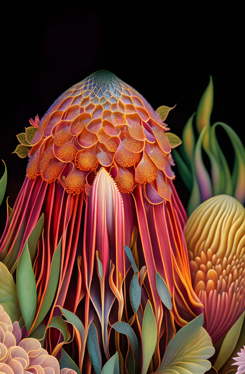 Colorful Floral Jellyfish Artwork with Warm Gradient on Dark Background