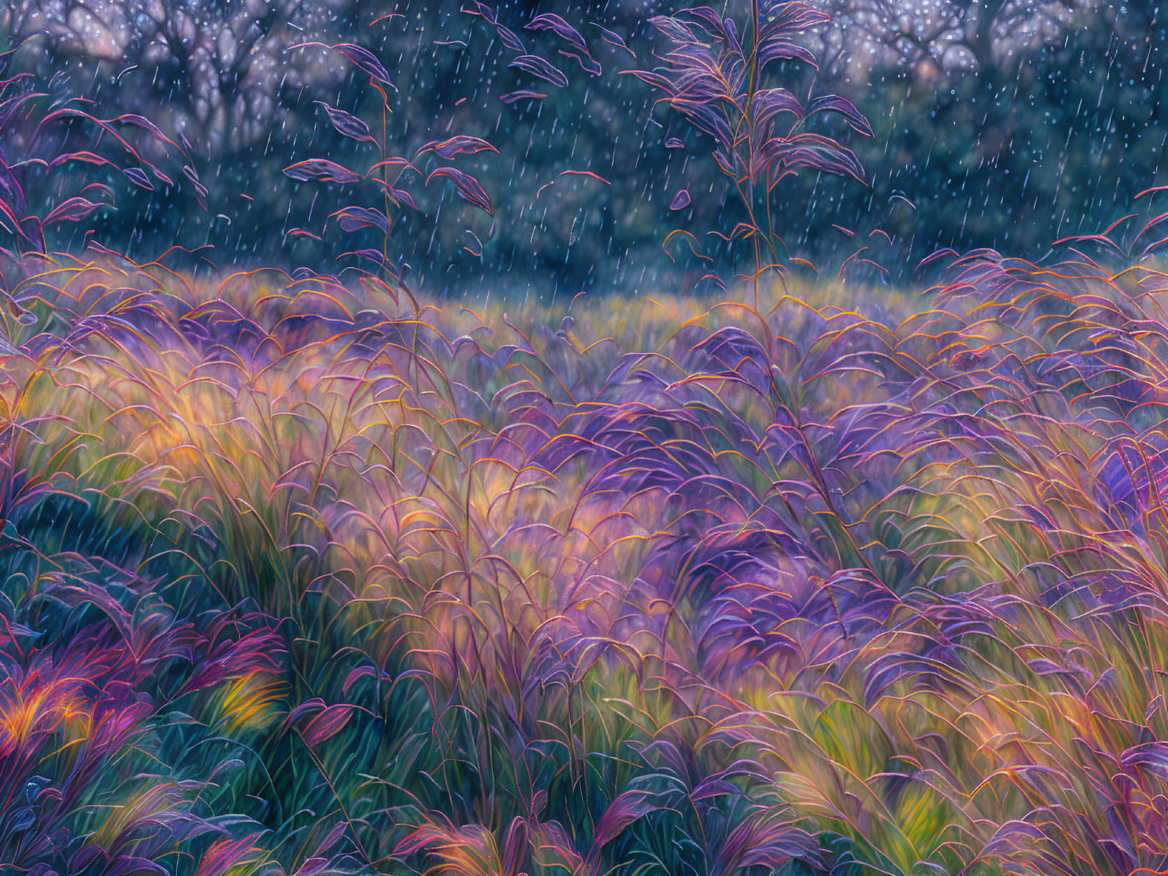 Twilight landscape with purple and yellow grasses and falling snowflakes