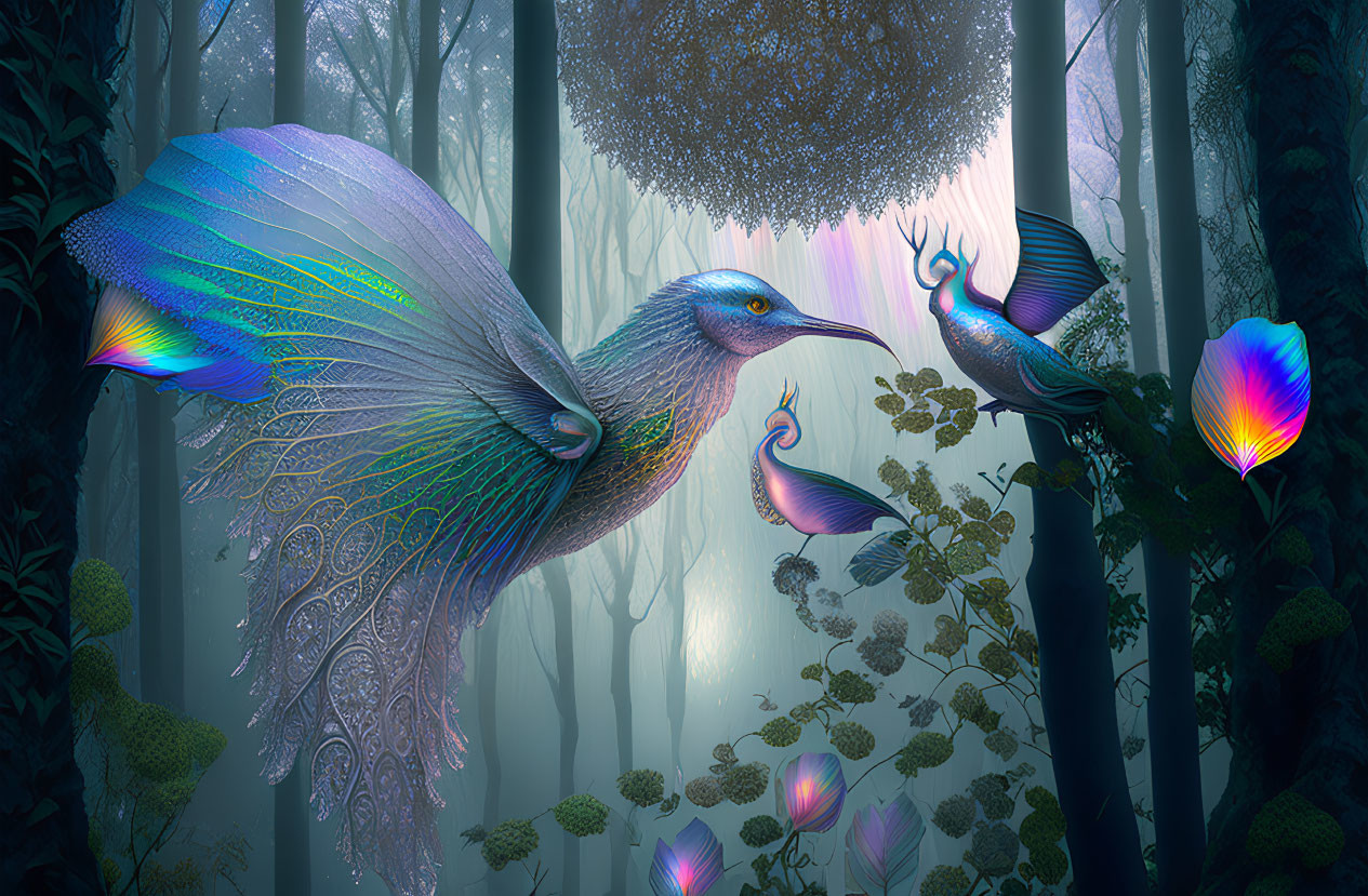 Luminescent peacock-like creatures in mystical forest scene