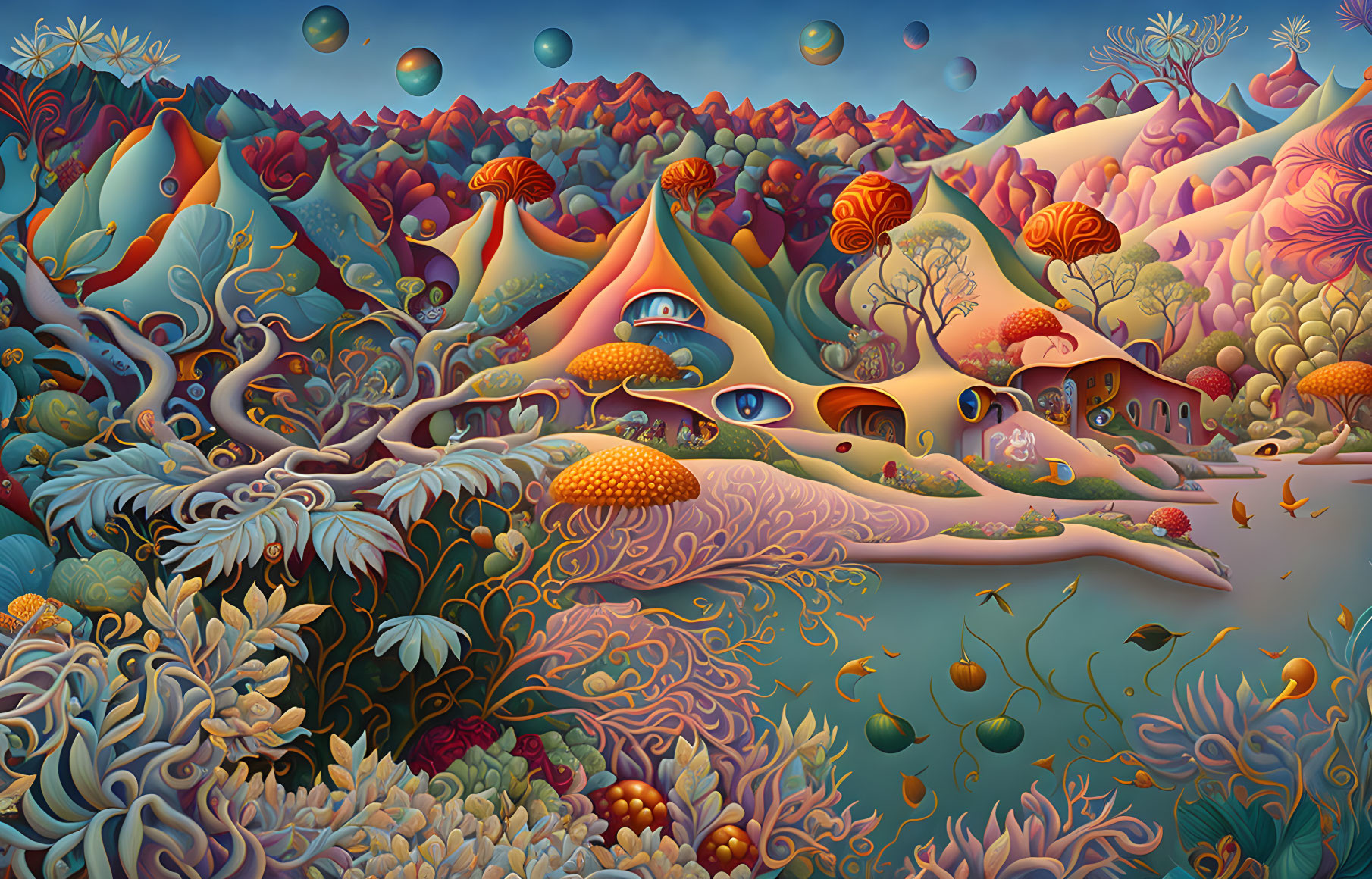 Colorful surreal landscape with whimsical mushroom-like structures, diverse flora, and floating orbs.