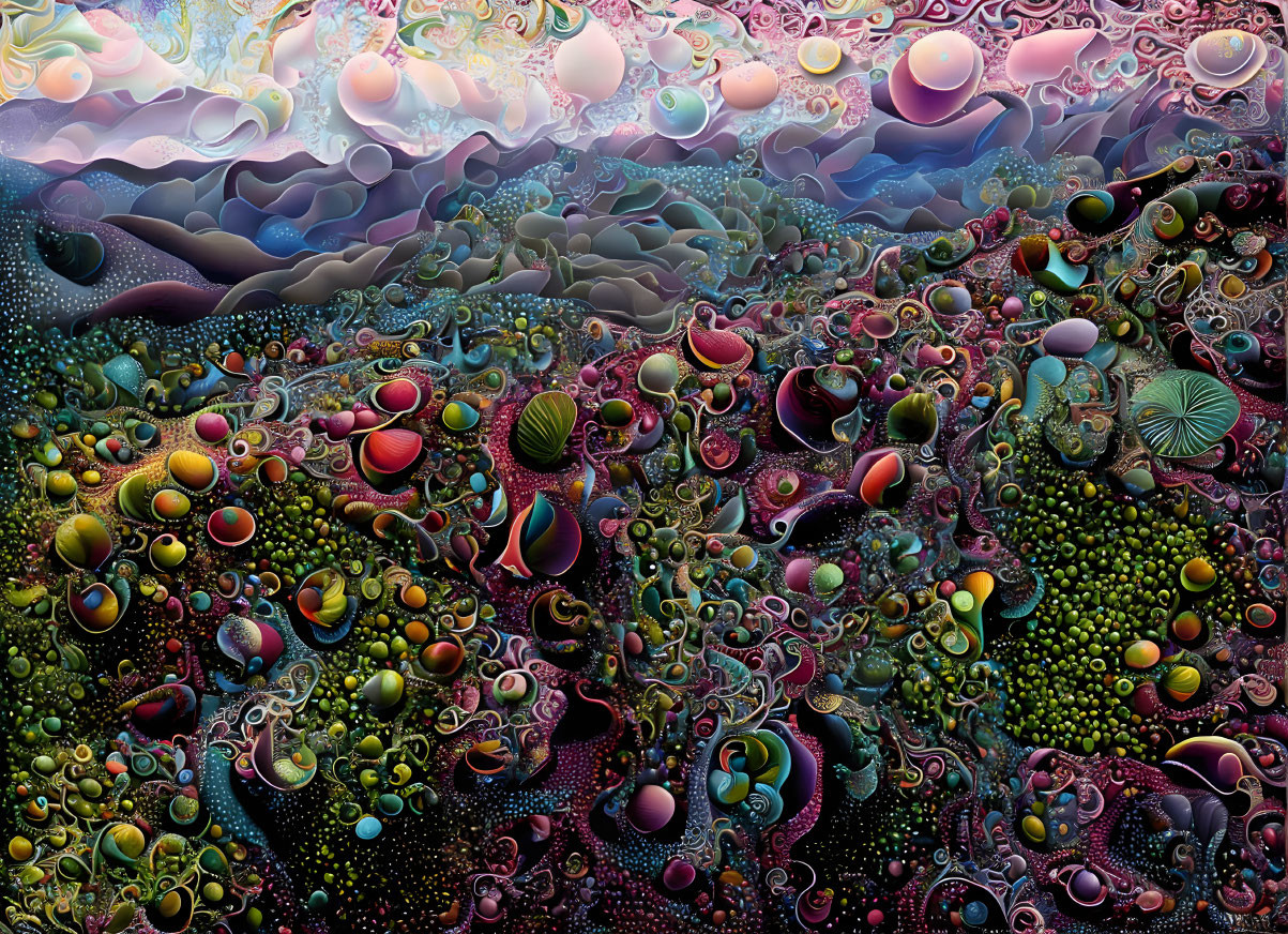 Colorful psychedelic landscape with intricate patterns and alien-like spheres