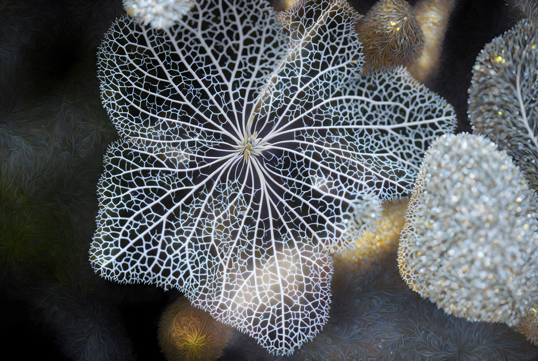 Intricate Digital Fractal of Translucent Sea Organism on Dark Background