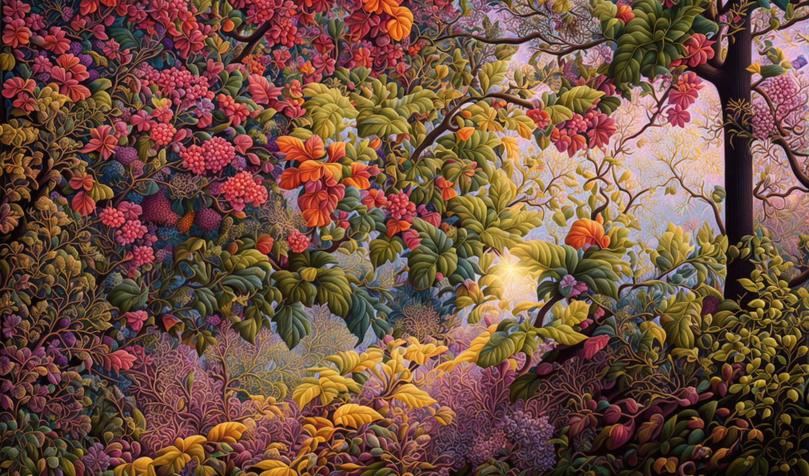 Colorful Forest Painting with Vibrant Flowers & Foliage