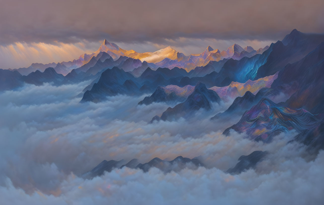 Mountain Landscape Enveloped in Sunlit Clouds