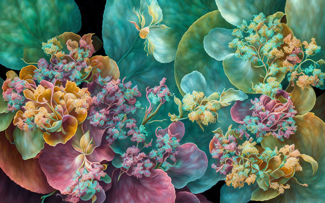 Colorful digital artwork: Surreal floral arrangement in teal, pink, and orange