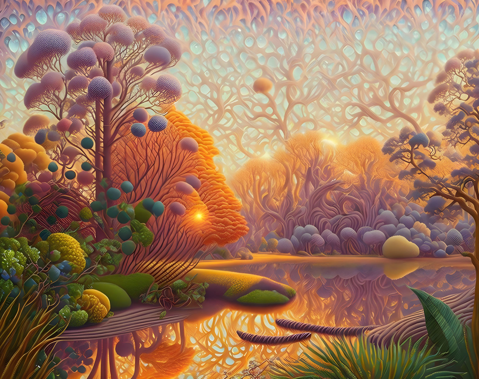 Fantastical landscape with luminous flora and tranquil water