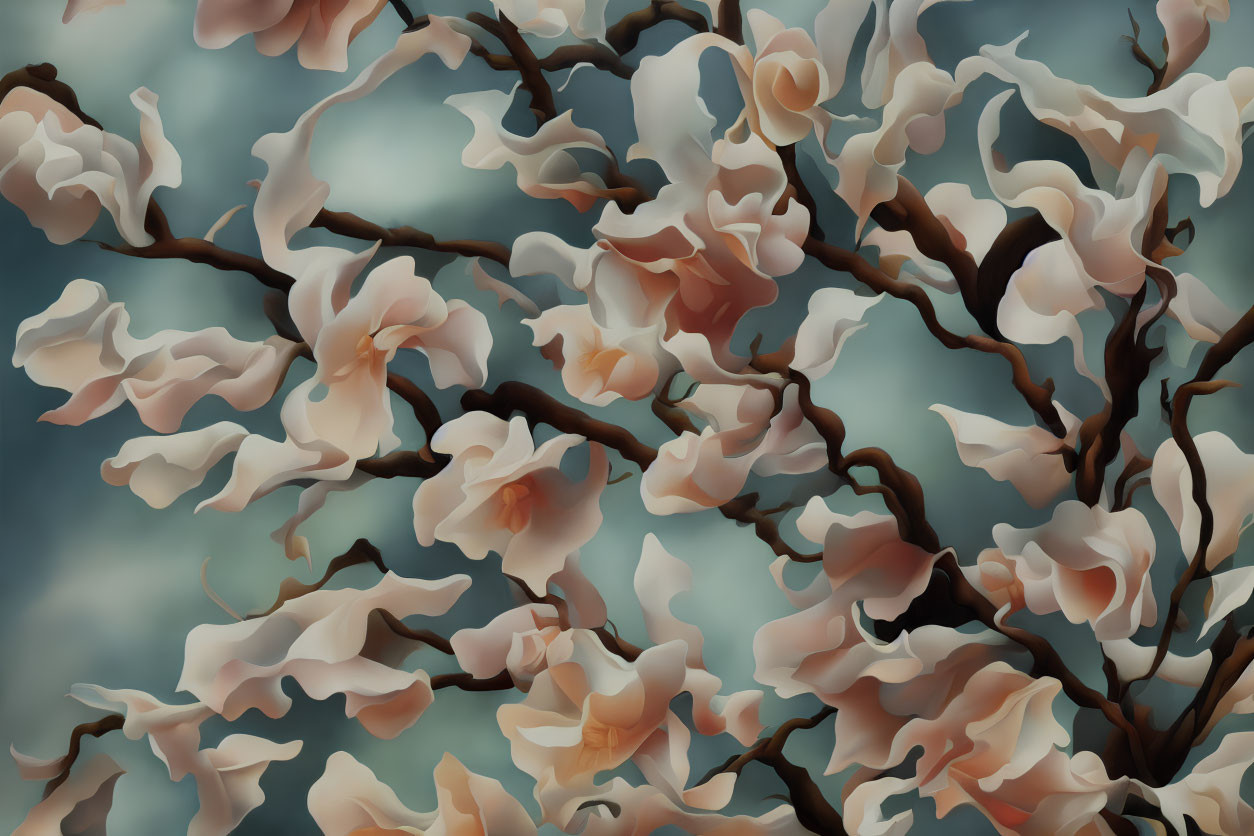 Delicate Pale Pink Blossoms on Twisting Dark Branches in Soft Blue Background