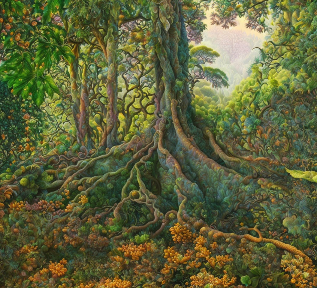 Detailed Forest Scene with Intricate Trees and Vibrant Greens and Oranges