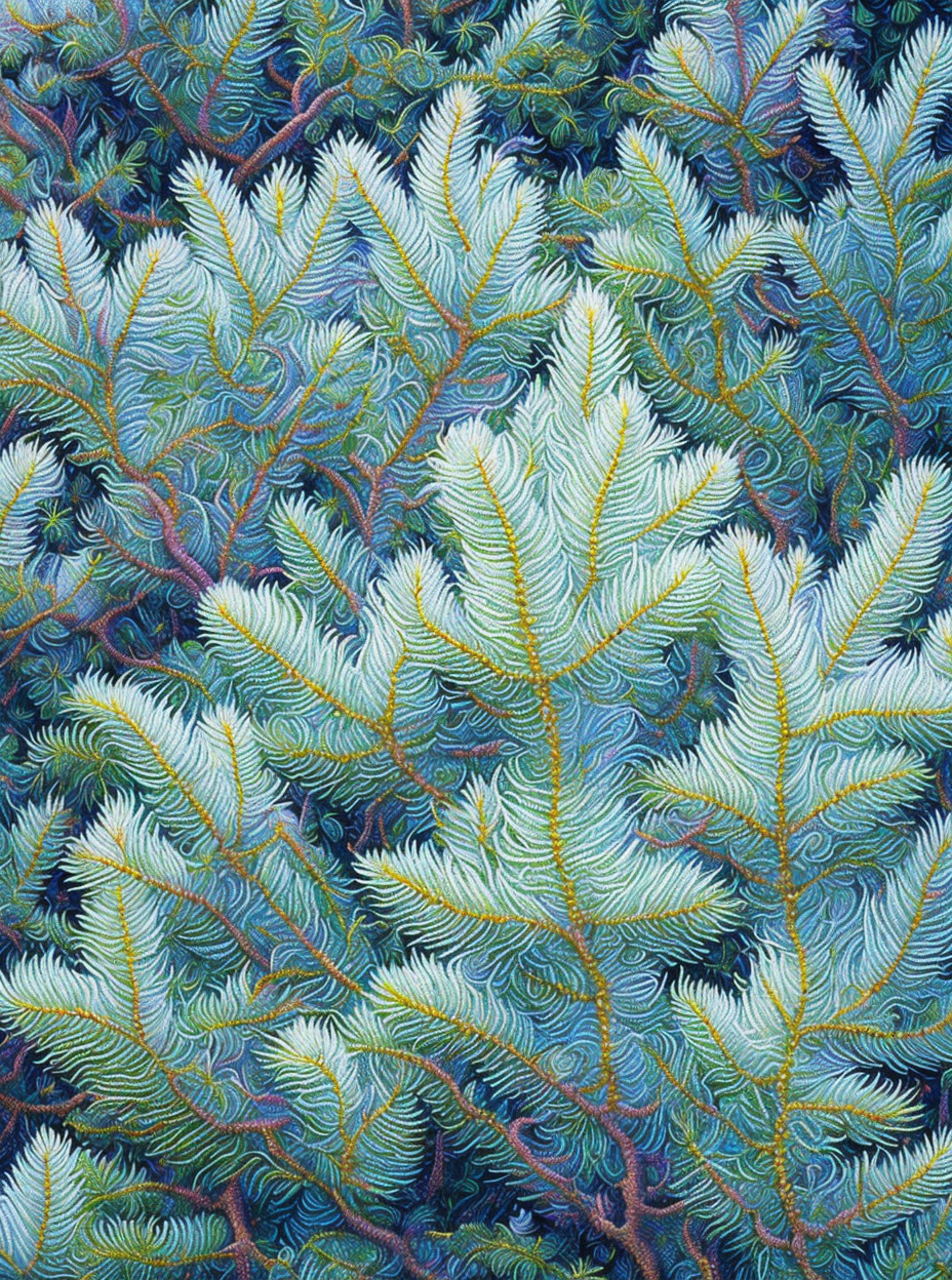 Detailed painting of intricate blue and green fern-like plants