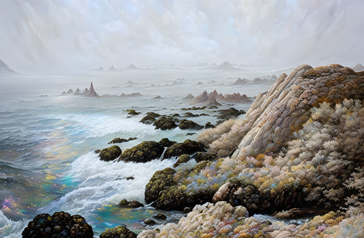 Tranquil Coastal Landscape with Rocky Shore and Calm Sea