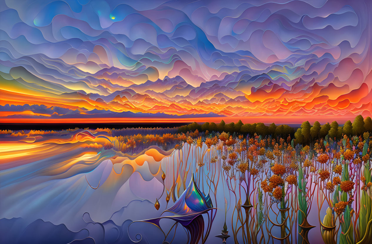 Surreal sunset landscape with layered clouds and colorful foliage