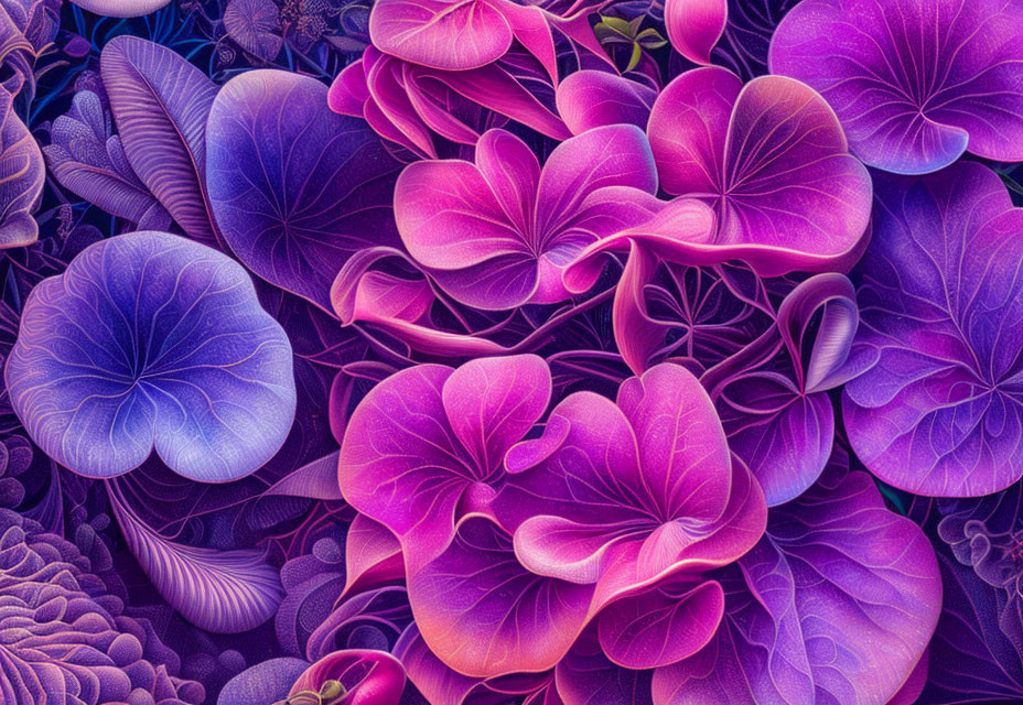 Colorful digital artwork: Purple and blue flower collection with intricate fantasy detailing