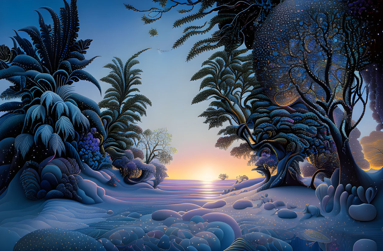 Fantastical landscape with stylized trees under starry sky at twilight.