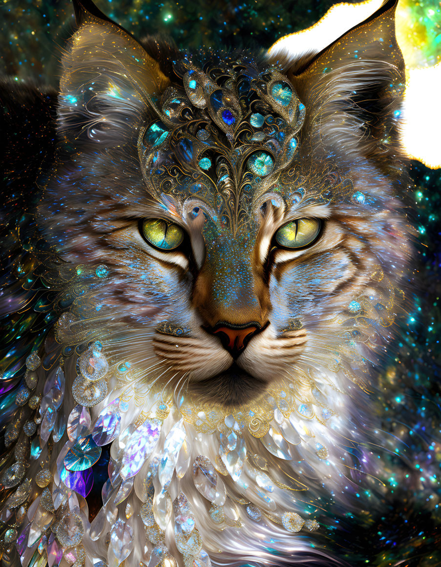 Fantastical lynx with sparkling eyes and jeweled crown in cosmic setting