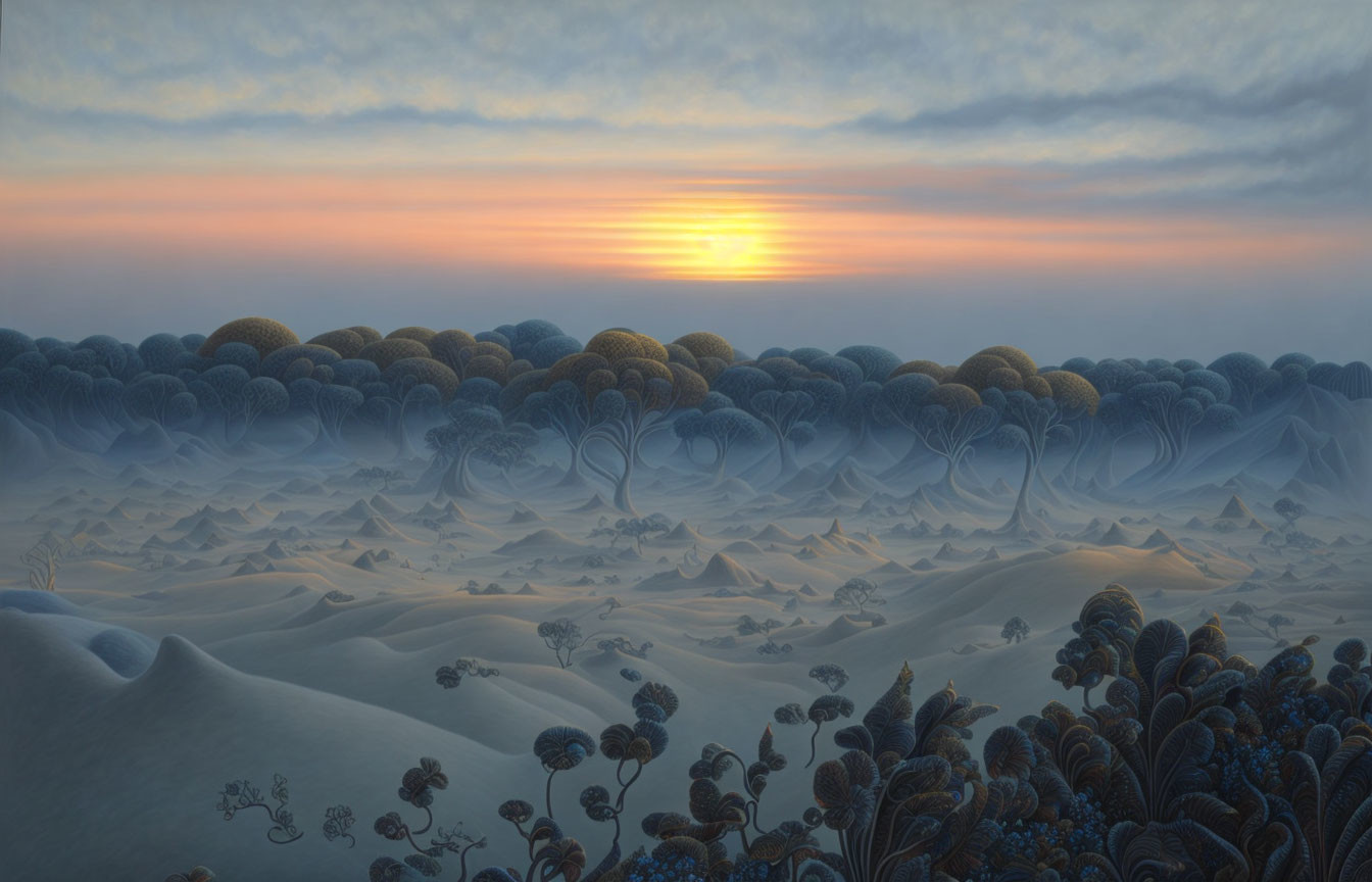 Surreal landscape with round tree-like formations at sunrise