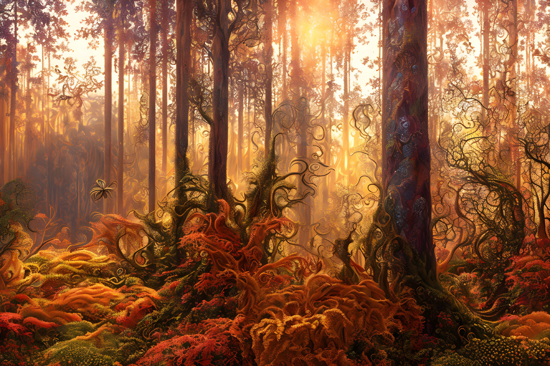 Vibrant orange foliage in lush fantasy forest